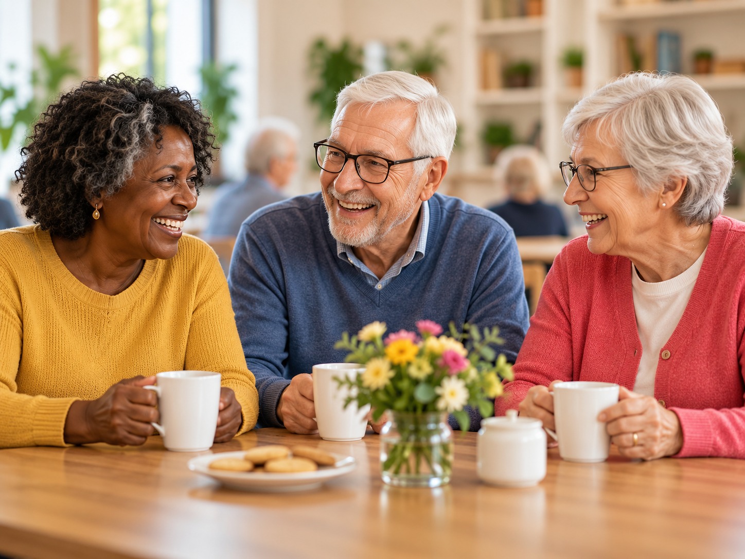 Older adults enjoying a friendly community gathering over coffee