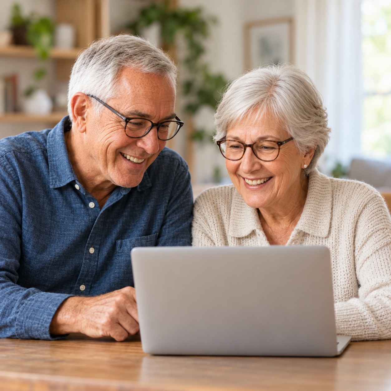 Older couple smiling while learning together on a laptop